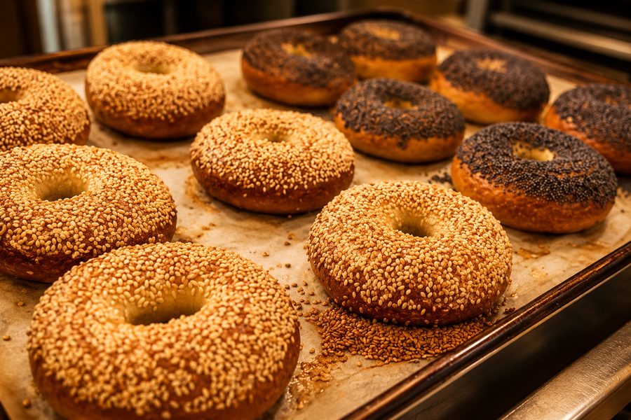 Fresh sesame and poppy bagels at JJ's Place