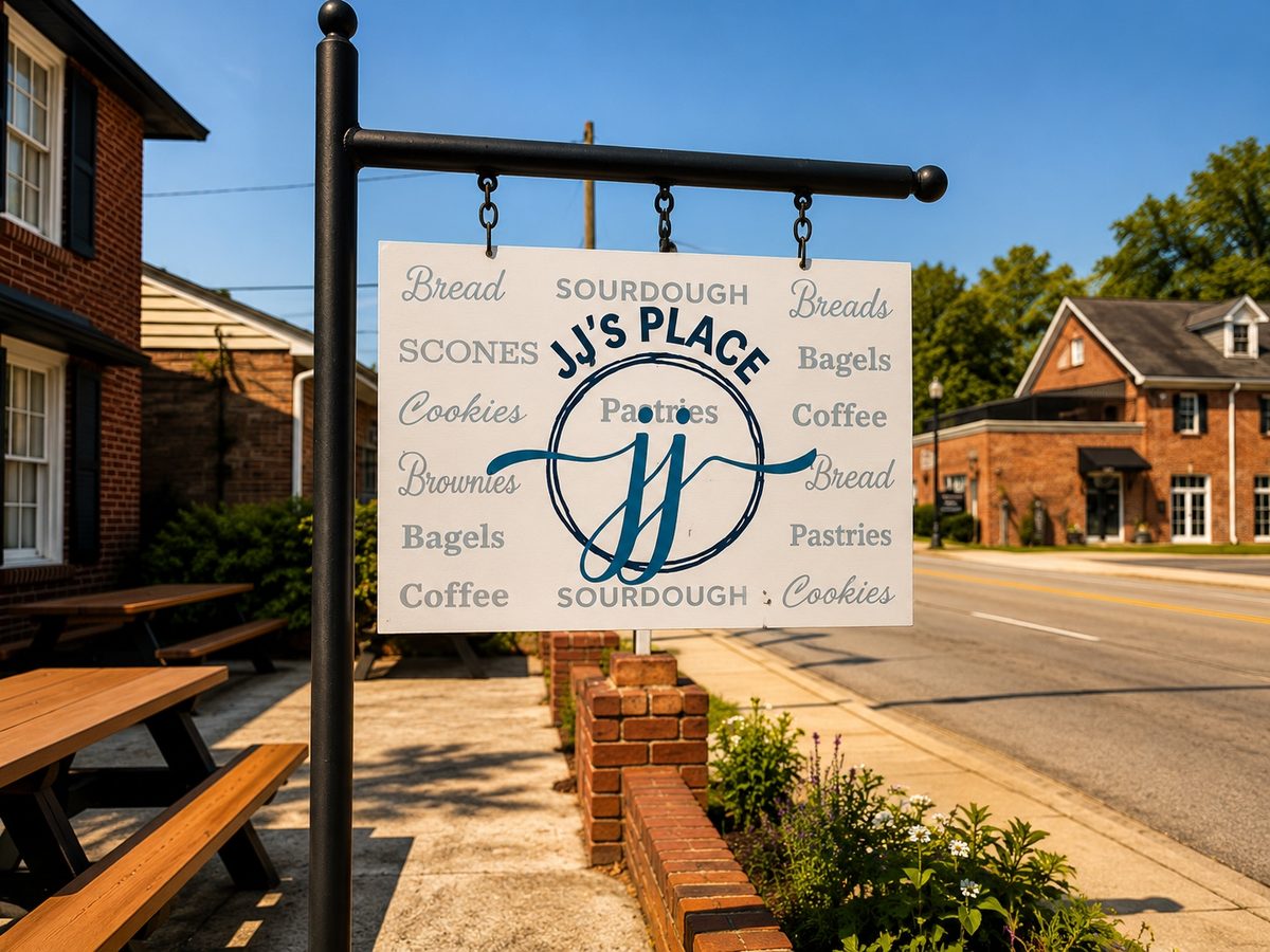 JJ's Place SC hanging sign — bread, sourdough, scones, bagels, pastries, coffee